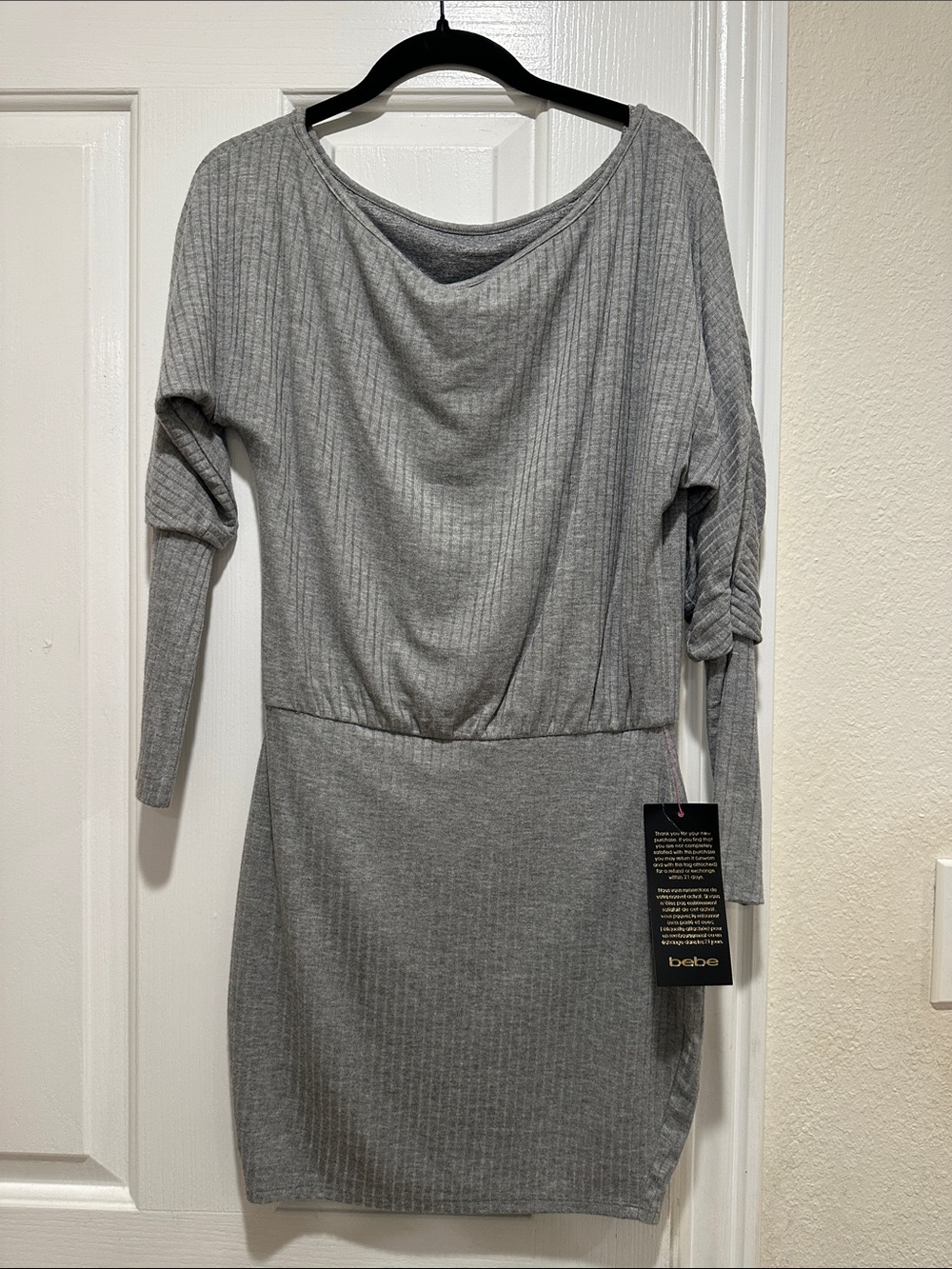 bebe Light Gray Ribbed Long Sleeve Sheath Dress